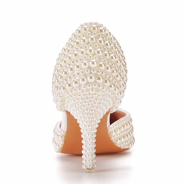 Eleganta Aprikos / Beige Pärla Brudskor 2023 Spetsiga 7 cm Stilettklackar Bröllop Sandaler Högklackade