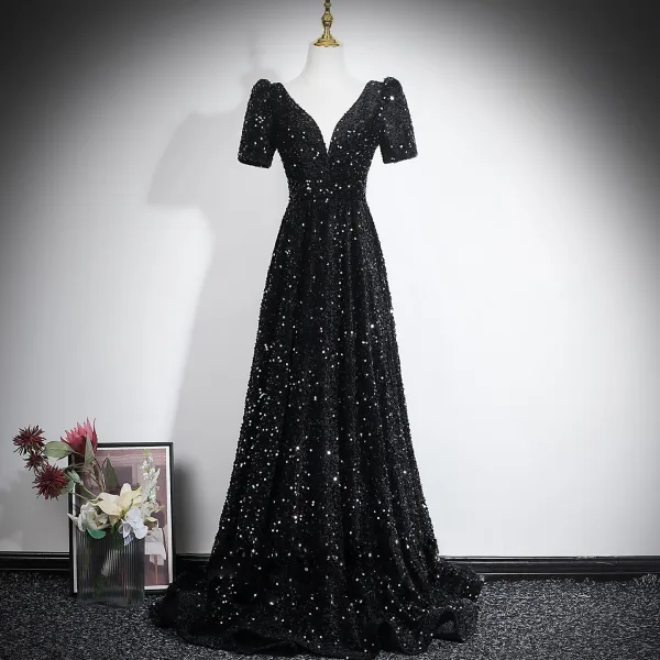 Éclatant Bordeaux Paillettes Robe De Soirée 2026 Princesse V-Cou Manches Courtes Dos Nu Longue