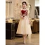 Chinese style Burgundy Beading Sequins Lace Flower Prom Dresses 2023 A-Line / Princess High Neck Short Sleeve Floor-Length / Long Prom Formal Dresses