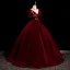 Elegant Burgundy Lace Flower Velvet Prom Dresses 2025 Ball Gown Scoop Neck Short Sleeve Backless Floor-Length / Long Prom Formal Dresses