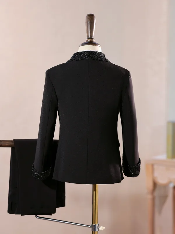 Black Sequins 5-piece Long Sleeve Boys Wedding Suits Boys Wedding Suits 2025 Coat Pants Shirt Tie Vest