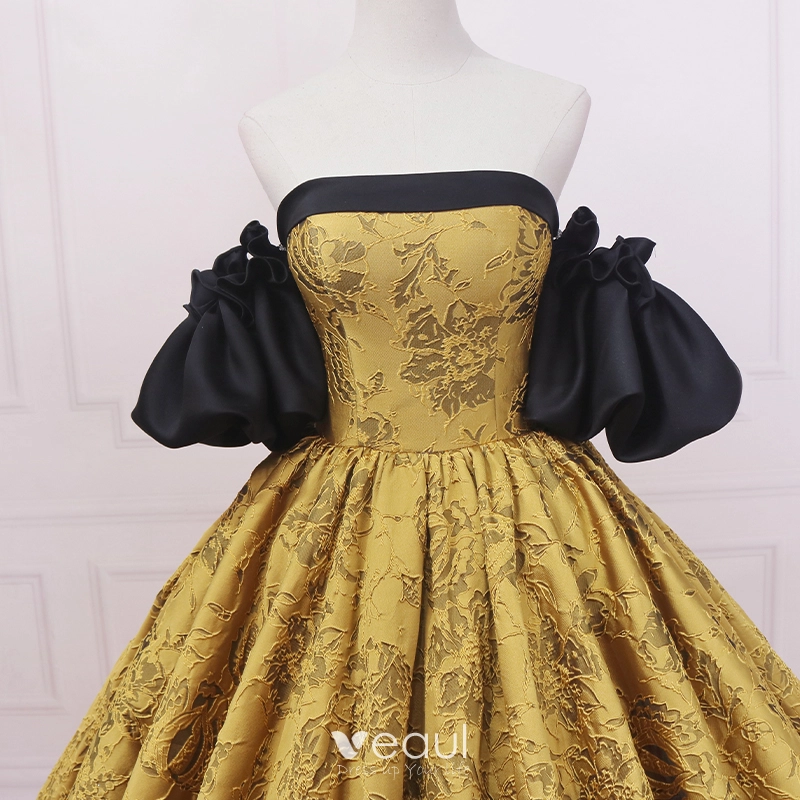 Vintage Retro Black Gold Printing Prom Dresses 2023 Ball Gown Satin Off The  Shoulder Puffy Short Sleeve Backless Sweep Train Prom Formal Dresses