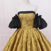 Vintage / Retro Black Gold Printing Prom Dresses 2023 Ball Gown Satin Off-The-Shoulder Puffy Short Sleeve Backless Sweep Train Prom Formal Dresses