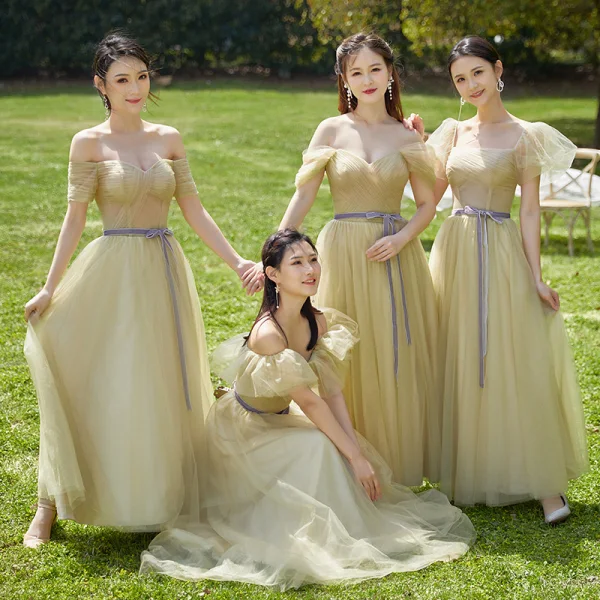 Simple Vert Cendré Robe Demoiselle D'honneur 2022 Princesse Demoiselle D'honneur De l'épaule Manches Courtes Dos Nu Noeud Ceinture Longue Robe Pour Mariage