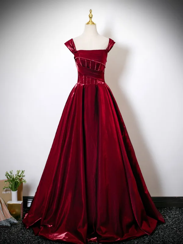 Chic / Beautiful Burgundy Beading Prom Dresses 2025 Ball Gown Off-The-Shoulder Sleeveless Backless Floor-Length / Long Formal Dresses
