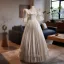 Medieval Vintage / Retro White Satin Lace Flower Wedding Dresses 2024 Ball Gown Scoop Neck Puffy Short Sleeve Backless Floor-Length / Long Wedding