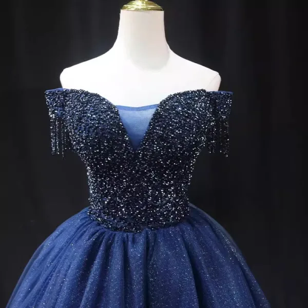 Vintage / Retro Navy Blue Beading Sequins Prom Dresses 2024 Ball Gown Off-The-Shoulder Short Sleeve Backless Floor-Length / Long Formal Dresses