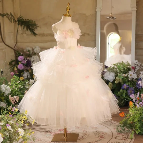 Lovely White Cascading Ruffles Appliques Birthday Flower Girl Dresses 2025 Ball Gown Scoop Neck Sleeveless Backless Floor-Length / Long