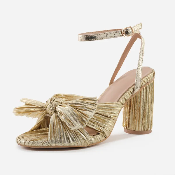 Sexy Gold Street Wear Bow Womens Sandals 2022 Ankle Strap 10 cm Thick Heels Open / Peep Toe Sandals High Heels