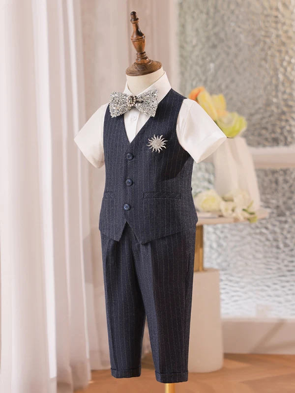 Navy Blue Striped 5-piece Boys Wedding Suits 2022 Short Sleeve Body Jewellery Pants Shirt Tie Vest