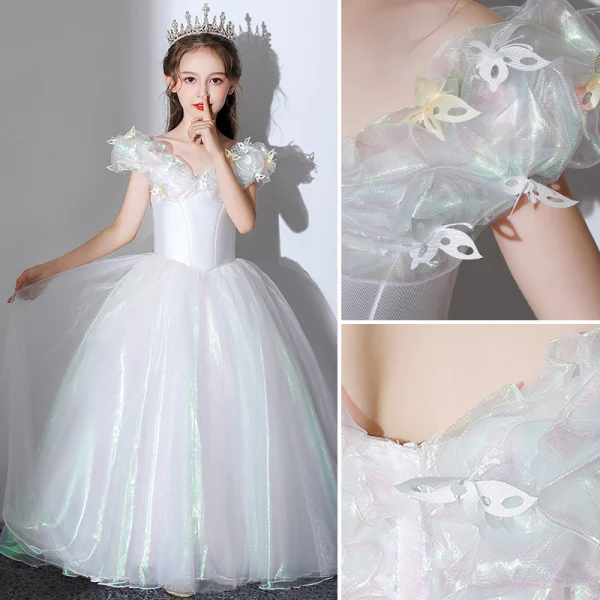 Cinderella White Butterfly Appliques Prom Flower Girl Dresses 2022 Ball Gown V-Neck Short Sleeve Backless Floor-Length / Long Flower Girl Dresses