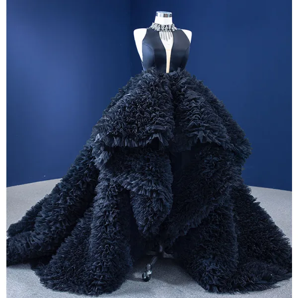 Luxury / Gorgeous Black Cascading Ruffles Prom Dresses 2022 Ball Gown High Neck Rhinestone Tassel Sleeveless Court Train Formal Dresses