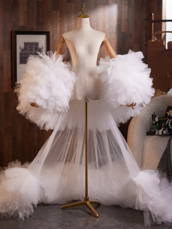 Unusual White Handmade Cascading Ruffles Prom shawl 2025 Puffy Short Sleeve Tulle