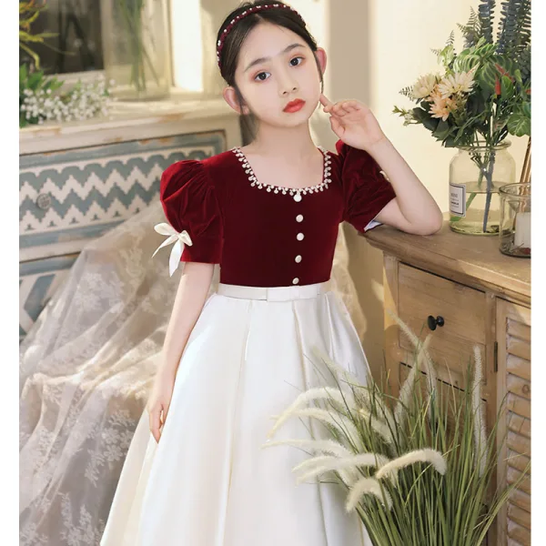 Elegant Burgundy Pearl Satin Prom Flower Girl Dresses 2022 A-Line / Princess Square Neckline Short Sleeve Bow Sash Floor-Length / Long Flower Girl Dresses
