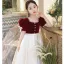 Elegant Burgundy Pearl Satin Prom Flower Girl Dresses 2022 A-Line / Princess Square Neckline Short Sleeve Bow Sash Floor-Length / Long Flower Girl Dresses
