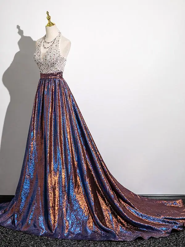 Scintillantes Multi-Couleurs Perlage Faux Diamant Paillettes Robe De Bal 2025 Princesse Titulaire Sans Manches Dos Nu Train De Balayage Promo Robe De Ceremonie