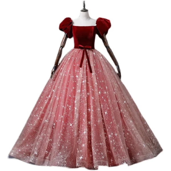 Elegant Burgundy Prom Dresses 2022 Ball Gown Off-The-Shoulder Puffy Short Sleeve Bow Sash Backless Floor-Length / Long Formal Dresses