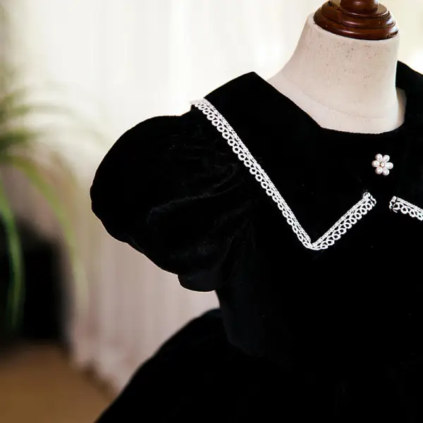 Chic / Beautiful Black Suede Birthday Flower Girl Dresses 2022 Ball Gown Scoop Neck Puffy Short Sleeve Pearl Floor-Length / Long Flower Girl Dresses