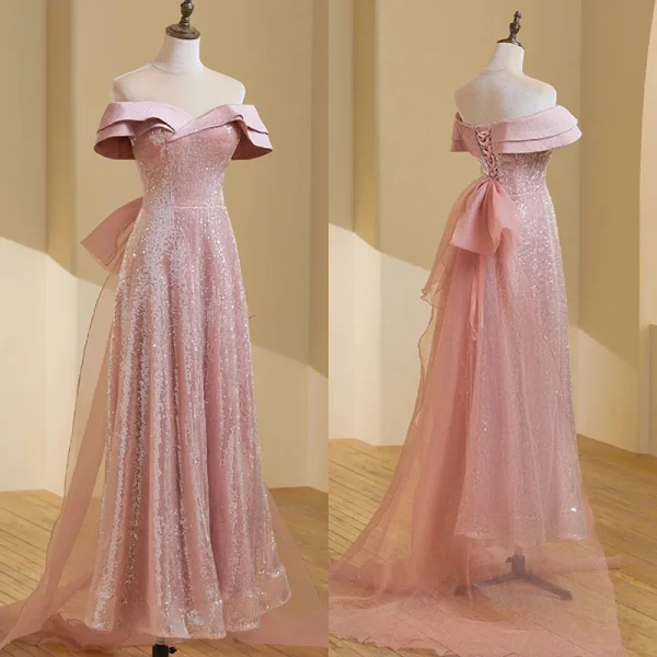 Glitzernden Rosa Pailletten Abendkleider 2023 A Linie Off Shoulder Ärmellos Rückenfreies Schleife Lange Abend Festliche Kleider