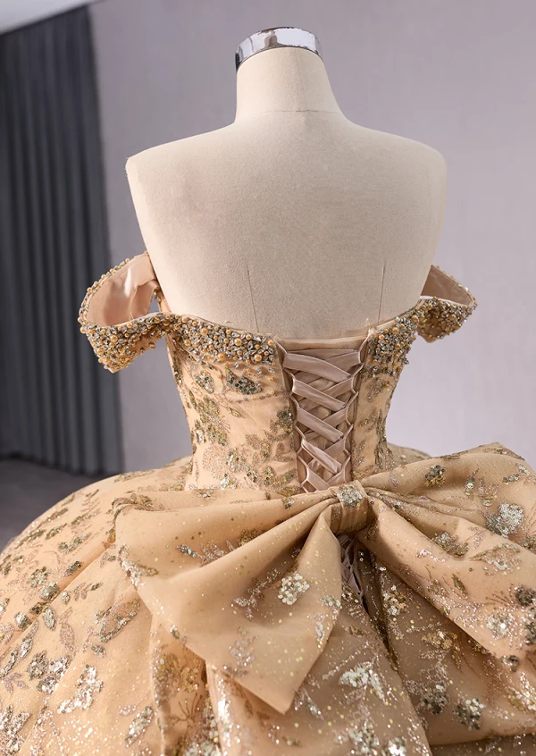 Luxury / Gorgeous Gold Handmade  Beading Pearl Rhinestone Sequins Prom Dresses 2024 Ball Gown Off-The-Shoulder Short Sleeve Backless Bow Chapel Train Prom