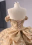 Luxury / Gorgeous Gold Handmade  Beading Pearl Rhinestone Sequins Prom Dresses 2024 Ball Gown Off-The-Shoulder Short Sleeve Backless Bow Chapel Train Prom