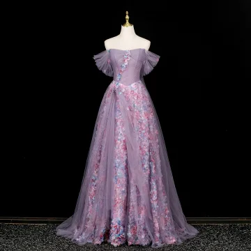 Chic Belle Violet Multi Couleurs Appliques Robe De Bal 2025 Princesse De L Épaule Manches Courtes Dos Nu Longue Promo Robe De Ceremonie