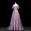 Chic / Beautiful Purple Multi-Colors Appliques Prom Dresses 2025 A-Line / Princess Off-The-Shoulder Short Sleeve Backless Floor-Length / Long Prom Formal Dresses