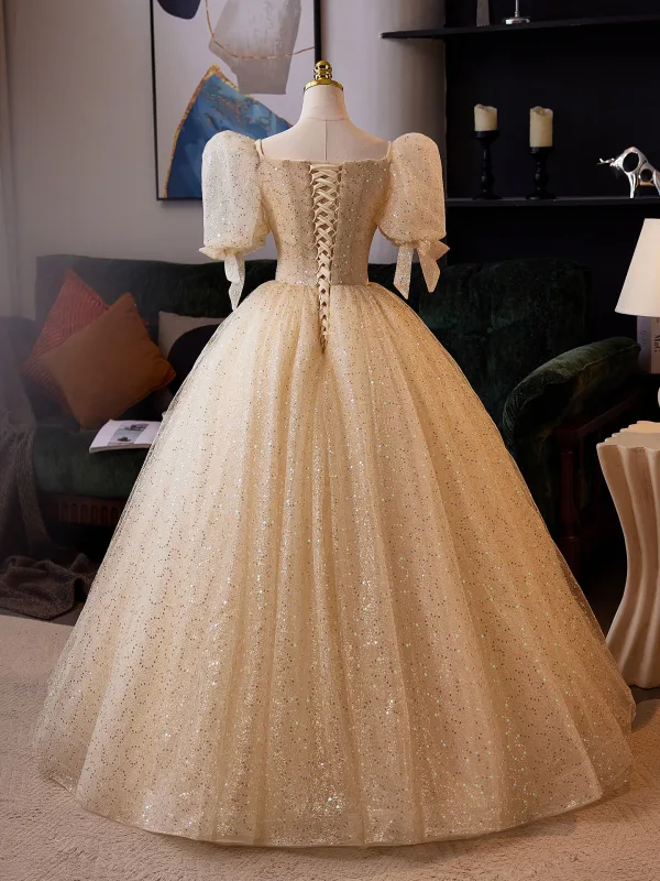 Bling Bling Gold Pailletten Ballkleider 2025 Ballkleid Eckiger Ausschnitt Geschwollenes Kurze Ärmel Rückenfreies Festliche Kleider