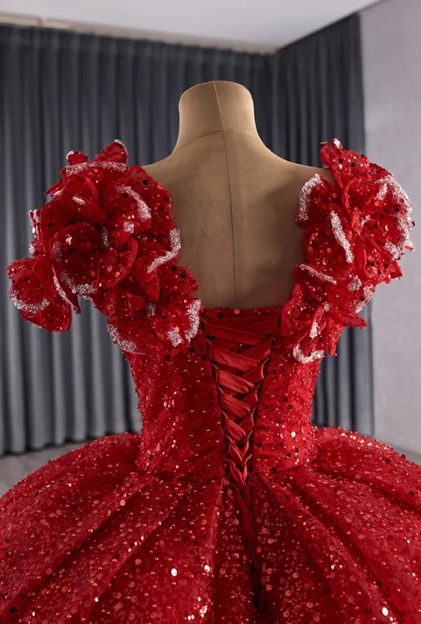 Luxury / Gorgeous Red Handmade Beading Sequins Wedding Dresses 2025 Ball Gown V-Neck Short Sleeve Backless Bow Court Train Wedding