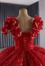 Luxury / Gorgeous Red Handmade  Beading Sequins Wedding Dresses 2025 Ball Gown V-Neck Short Sleeve Backless Bow Court Train Wedding