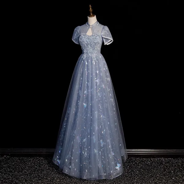 Fashion Sky Blue Beading Pearl Sequins Butterfly Appliques Prom Dresses 2023 A-Line / Princess High Neck Short Sleeve Backless Floor-Length / Long Prom Formal Dresses