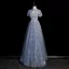 Fashion Sky Blue Beading Pearl Sequins Butterfly Appliques Prom Dresses 2023 A-Line / Princess High Neck Short Sleeve Backless Floor-Length / Long Prom Formal Dresses