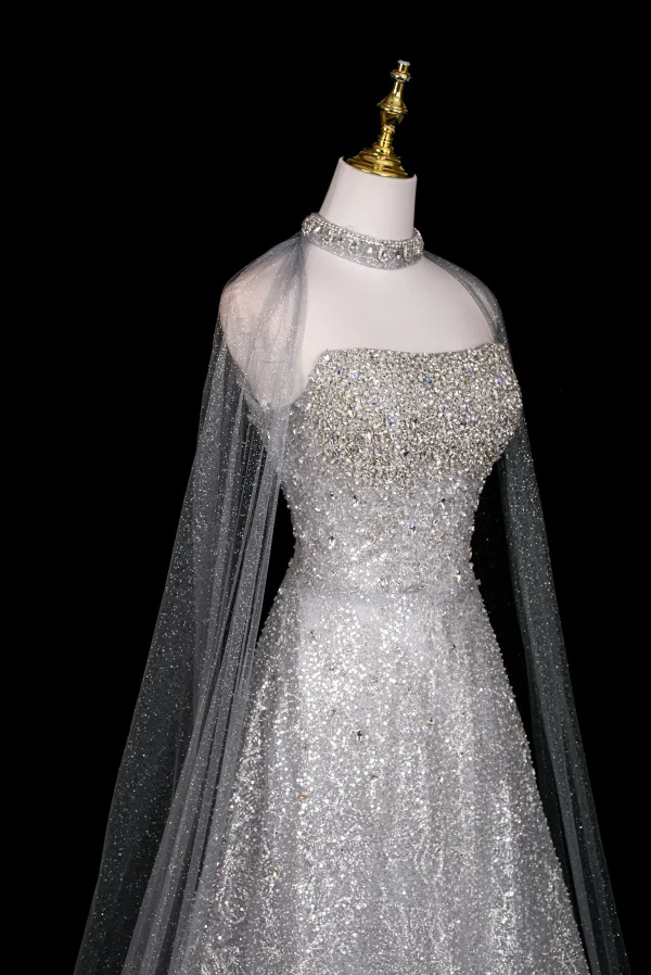 Glitzernden Sexy Silber Perlenstickerei Strass Pailletten Abendkleider 2025 A Linie Bandeau Ärmellos Rückenfreies Lange Festliche Kleider