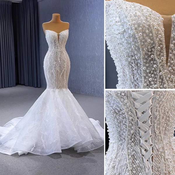 Luxury / Gorgeous Sexy White Beading Pearl Glitter Wedding Dresses 2023 Trumpet / Mermaid Strapless Sleeveless Backless Sweep Train Wedding