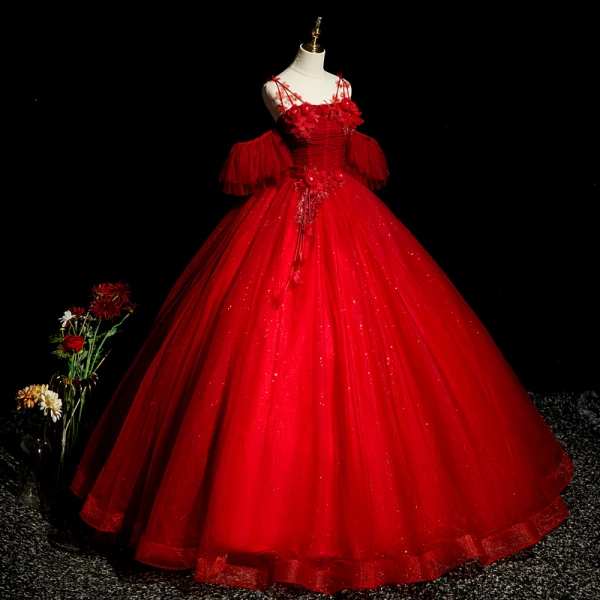 Elegant Red Beading Lace Flower Appliques Prom Dresses 2023 Ball Gown Spaghetti Straps Rhinestone Short Sleeve Backless Floor-Length / Long Prom Formal Dresses