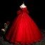 Elegant Red Beading Lace Flower Appliques Prom Dresses 2023 Ball Gown Spaghetti Straps Rhinestone Short Sleeve Backless Floor-Length / Long Prom Formal Dresses