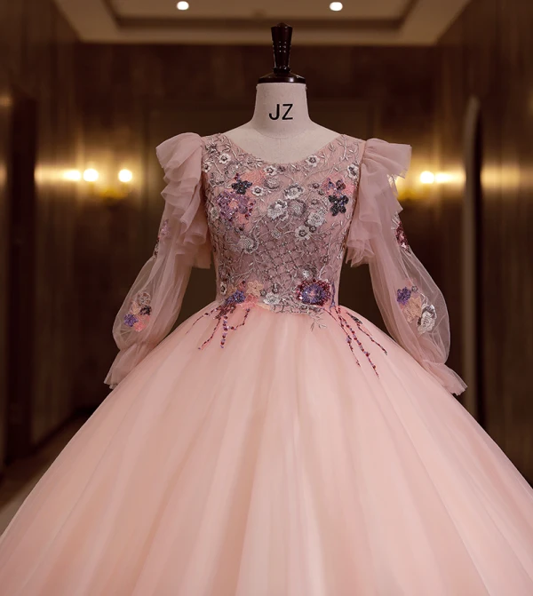Élégant Rougissant Rose Perlage Paillettes En Dentelle Fleur Robe De Bal 2022 Robe Boule Encolure Dégagée Manches Longues Dos Nu Longue Robe De Ceremonie