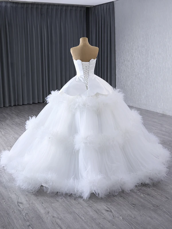 Fashion High-end White Cascading Ruffles Wedding Dresses 2024 Ball Gown Strapless Sleeveless Backless Floor-Length / Long Wedding