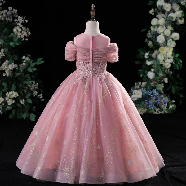 Chic / Beautiful Blushing Pink Birthday Flower Girl Dresses 2022 Scoop Neck Beading Pearl Lace Flower Sequins Short Sleeve Floor-Length / Long Flower Girl Dresses
