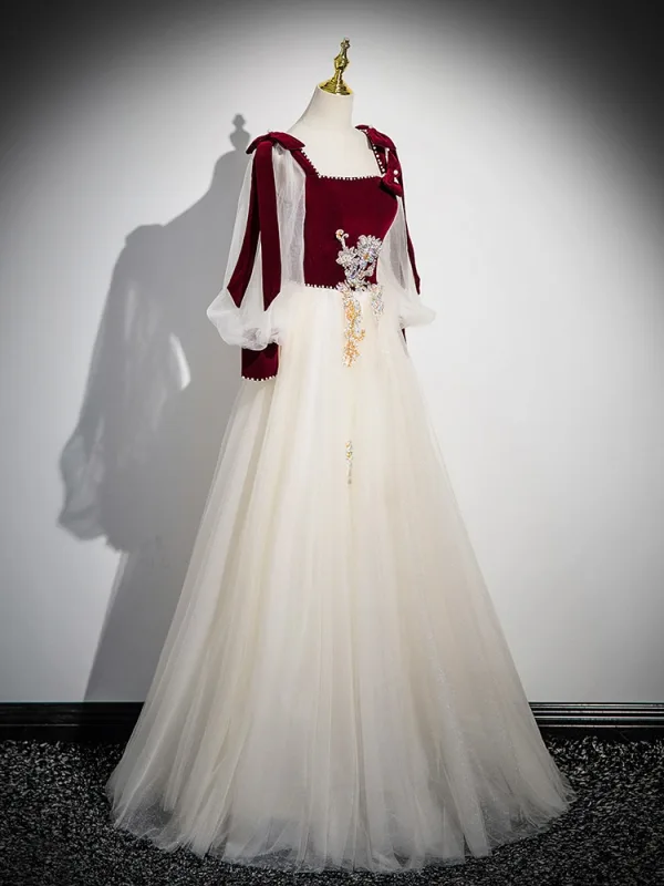 Élégant Bordeaux Paillettes Perle Robe De Bal 2025 Encolure Carrée Manches Longues Dos Nu Longue Promo Robe De Ceremonie