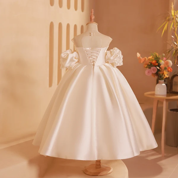 Elegant Ivory Satin Beading Bow Flower Girl Dresses 2024 Ball Gown Birthday Strapless Short Sleeve Backless Tea-length