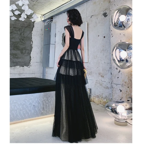 Chic / Beautiful Black Spotted Prom Dresses 2022 A-Line / Princess Square Neckline Sleeveless Backless Floor-Length / Long Prom Formal Dresses