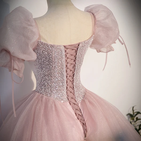 Charmant Rougissant Rose Perlage Paillettes Robe De Bal 2023 Robe Boule Encolure Carrée Manches Courtes Dos Nu Longue Promo Robe De Ceremonie
