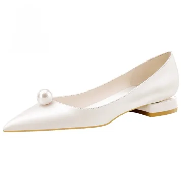 Élégant Simple Blanche Perle Plat Chaussure De Mariée 2026 Mariage À Bout Pointu Talons Hauts