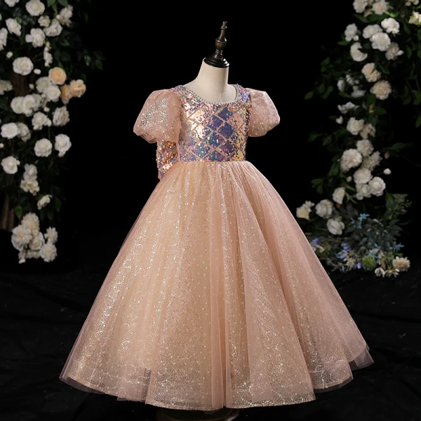 Scintillantes Champagne Glitter Paillettes Noeud Anniversaire Robe Ceremonie Fille 2024 Robe Boule Encolure Dégagée Manches Courtes Longue Tulle