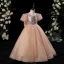 Scintillantes Champagne Glitter Paillettes Noeud Anniversaire Robe Ceremonie Fille 2024 Robe Boule Encolure Dégagée Manches Courtes Longue Tulle