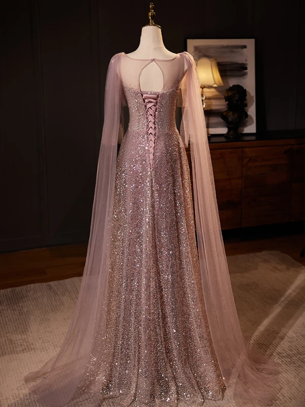 Sparkly Blushing Pink Sequins Prom Dresses 2024 A-Line / Princess Scoop Neck Short Sleeve Backless Floor-Length / Long Prom Formal Dresses