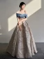 Fashion Sky Blue Printing Prom Dresses 2024 A-Line / Princess Off-The-Shoulder Short Sleeve Backless Floor-Length / Long Prom Formal Dresses