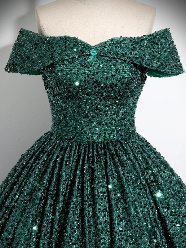 Vintage / Retro Dark Green Beading Sequins Prom Dresses 2024 Ball Gown Off-The-Shoulder Sleeveless Backless Floor-Length / Long Prom Formal Dresses