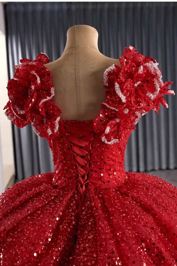 Luxury / Gorgeous Red Handmade Beading Sequins Wedding Dresses 2025 Ball Gown V-Neck Short Sleeve Backless Bow Court Train Wedding